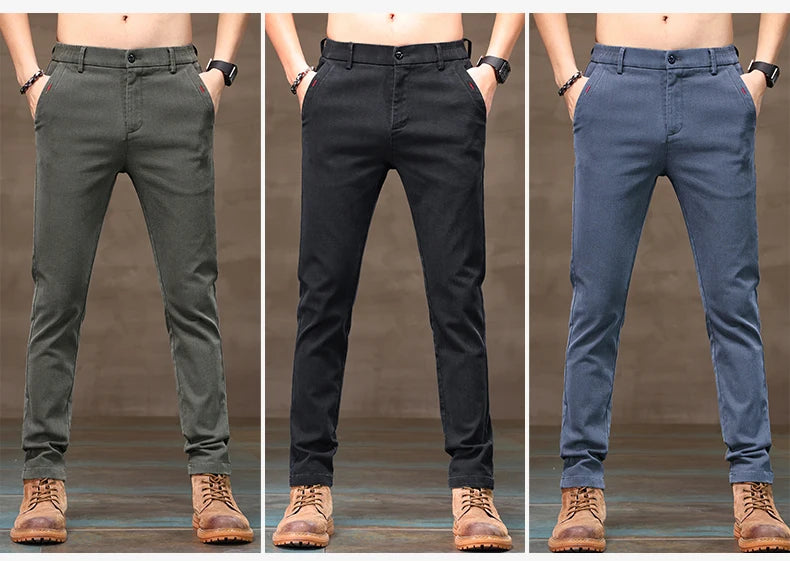 Men's Business Casual Pants Stretch Slim Fit Straight Semi-elastic Waist Trousers Solid Classic Office Work Male Clothing