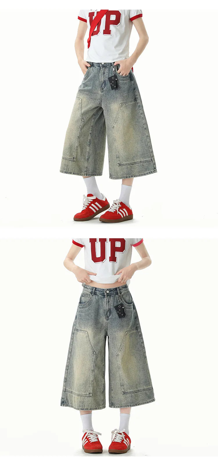 Jeans Men Washed Denim Cropped Pants Patchwork Design Summer Cool Wide Leg Breathable Jeans Casual Fashion Lightweight Trendy