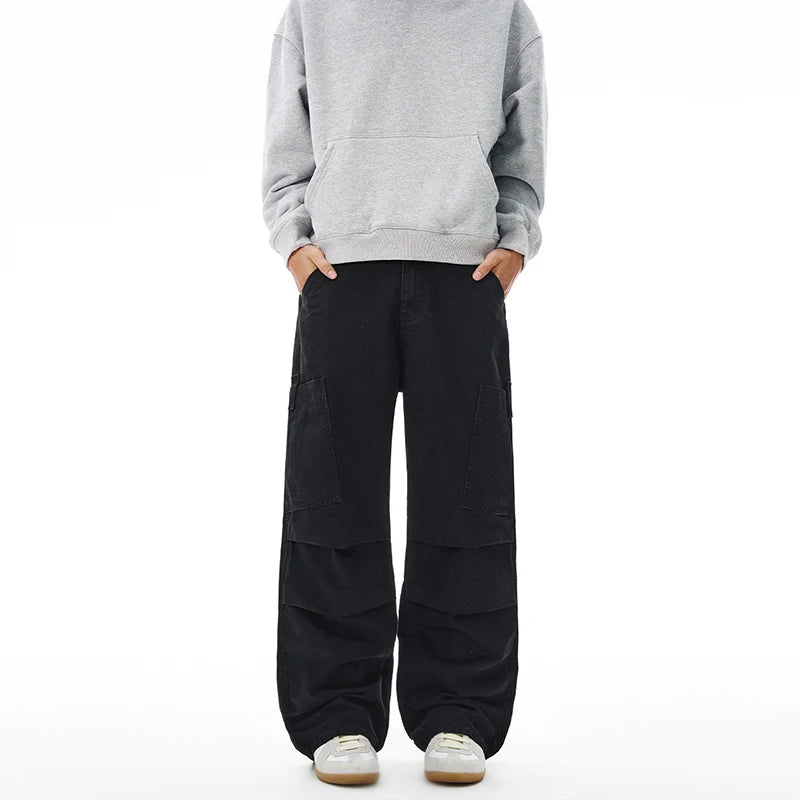 American Loose Straight Cargo Pants Men's Fashion Streetwear 100% Cotton Vintage Large Pocket Loose Casual Wide-leg Trousers