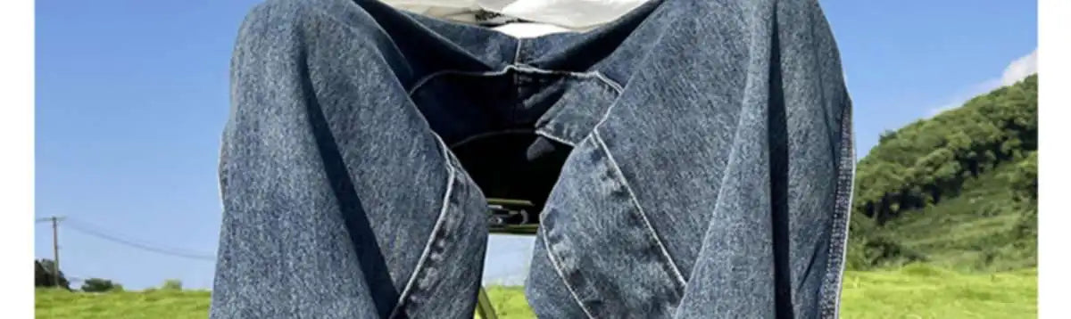 American High Street Jeans Men's Striped Patchwork Denim Pants Summer Loose Straight High-end Retro Versatile Wide-leg Trousers