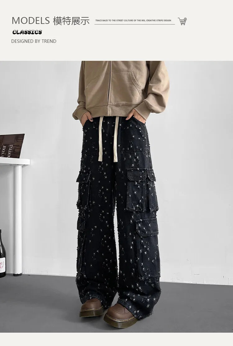 Cargo jean pants Men Wide Leg DenimLoose Straight Baggy Men's Jeans hip hop Streetwear Skateboard Neutral denim Trousers