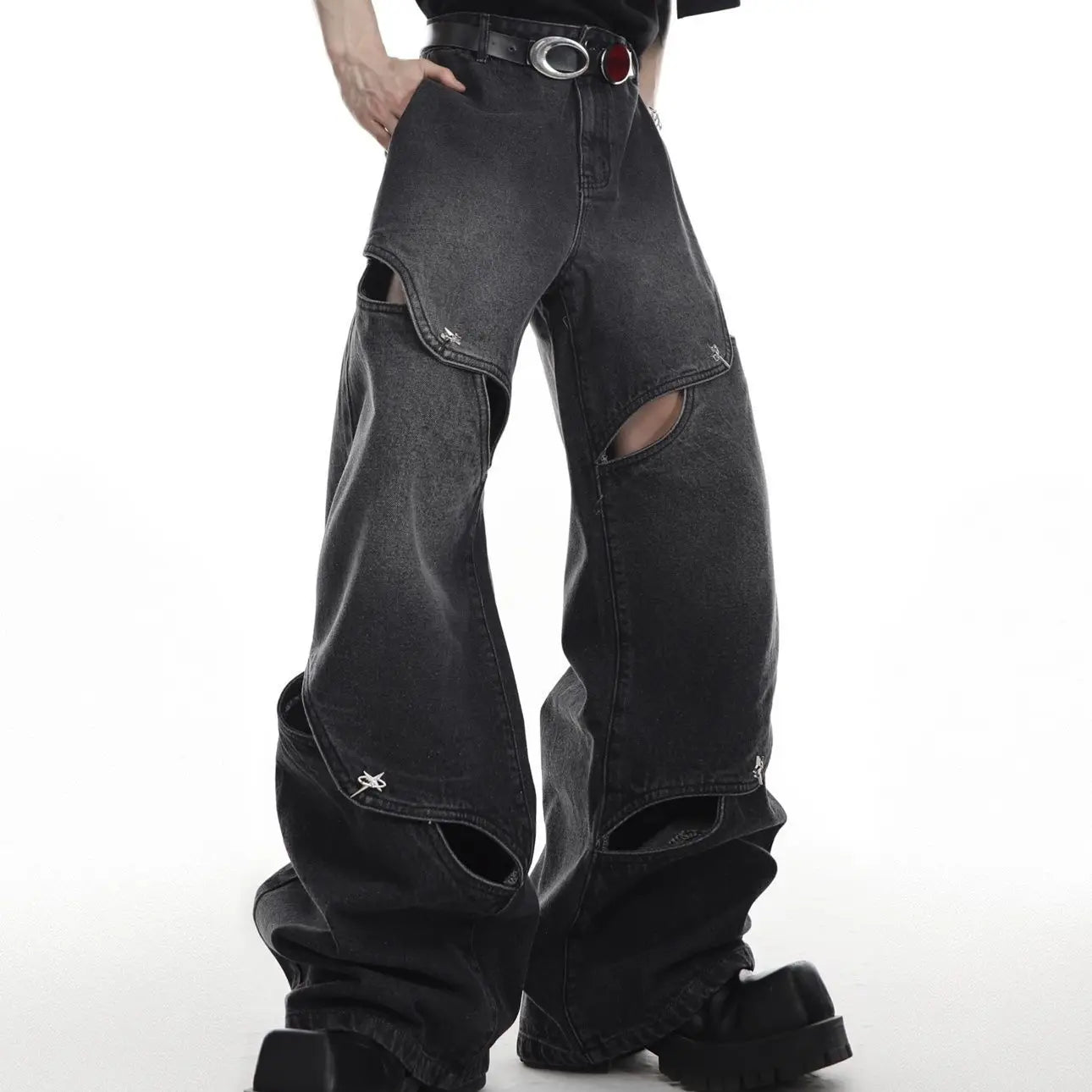 European hip-hop high street men and women trend deconstruction design straight leg jeans couple loose retro casual pants y2k