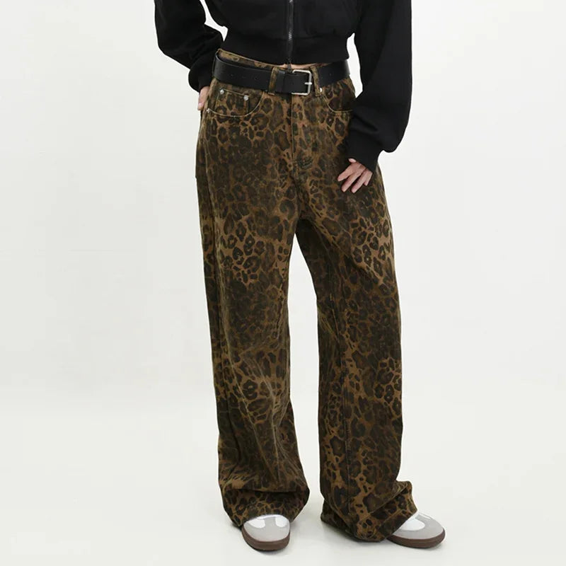 Men Fashion Leopard Graphic Hip Pop Jeans Male Loose Straight Leg Party Denim Pants New American Style Streetwear Denim Trousers