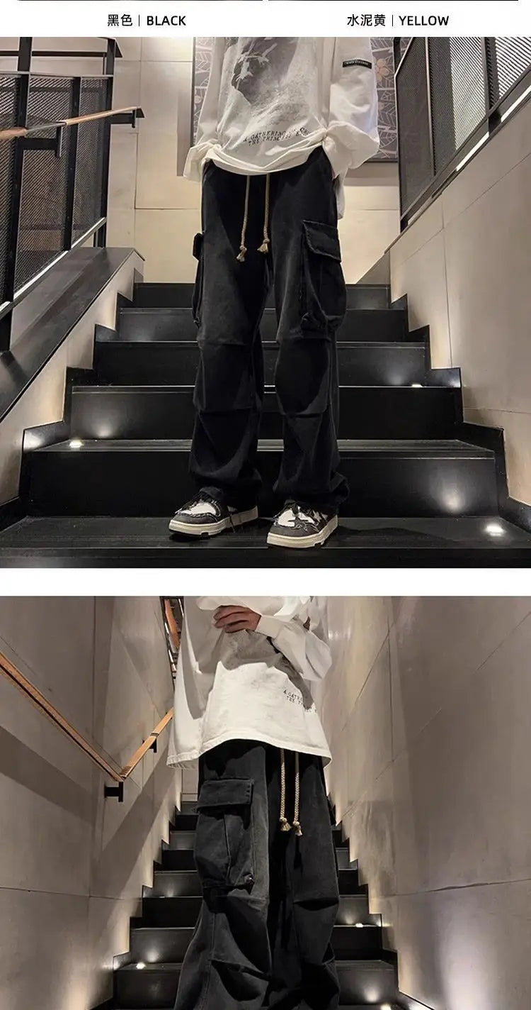 High street hip-hop men and women trendy personality large pocket straight leg washed denim jeans couple retro casual pants y2k
