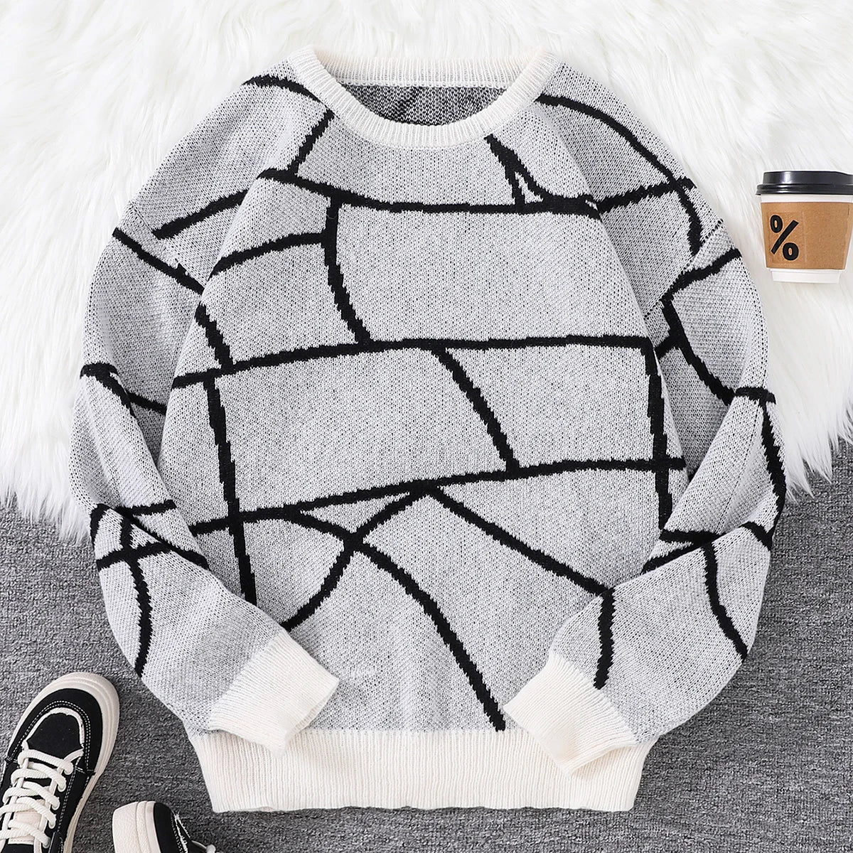 New Popular Autumn and Winter Broken Pattern Pullover Sweater Casual Round Neck Contrast Color Knitted Men's Pullover