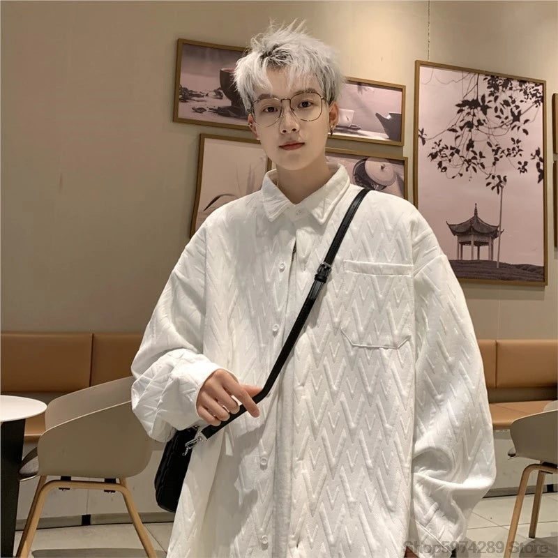 Autumn Winter Geometry Long-sleeved Shirt Men Fashion Social Mens Shirts Korean Loose Casual Blouse Men Oversized 5XL-M