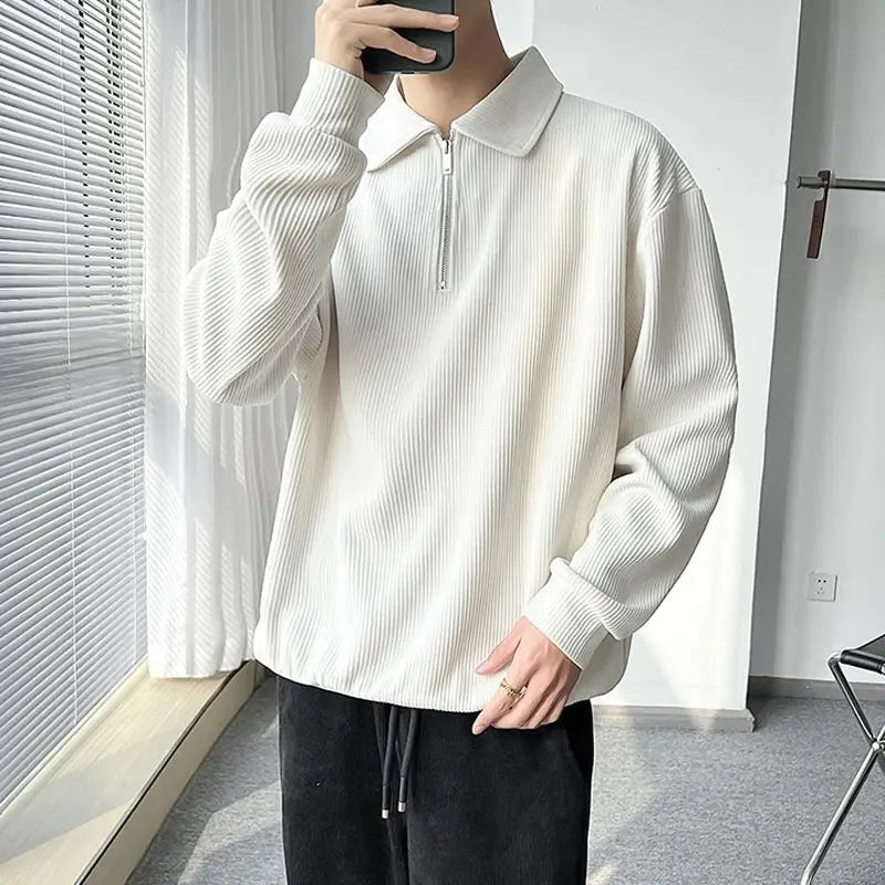 Male Clothes Solid Hoodieless Sweatshirt for Men Polo Sweat Shirt Blue Pullover Half Zip Top Streetwear Cotton Winter S Luxury