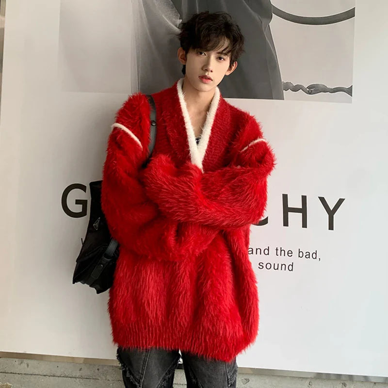 Personalized Men's Sweaters V-neck Contrast Color Casual Knitting Tops Casual Korean Style Pullover Male Tops Winter
