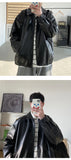 Autumn Street Trendy PU Leather Jacket Casual Textured Locomotive Zipper Turn-down Collar Solid Color Long Sleeve Men's Coats