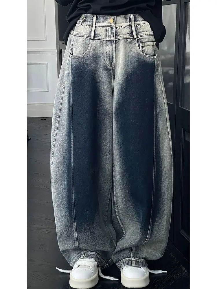 Hip hop fashion street spring men and women fashion personality washed curved knife jeans couple loose retro wide leg pants y2k