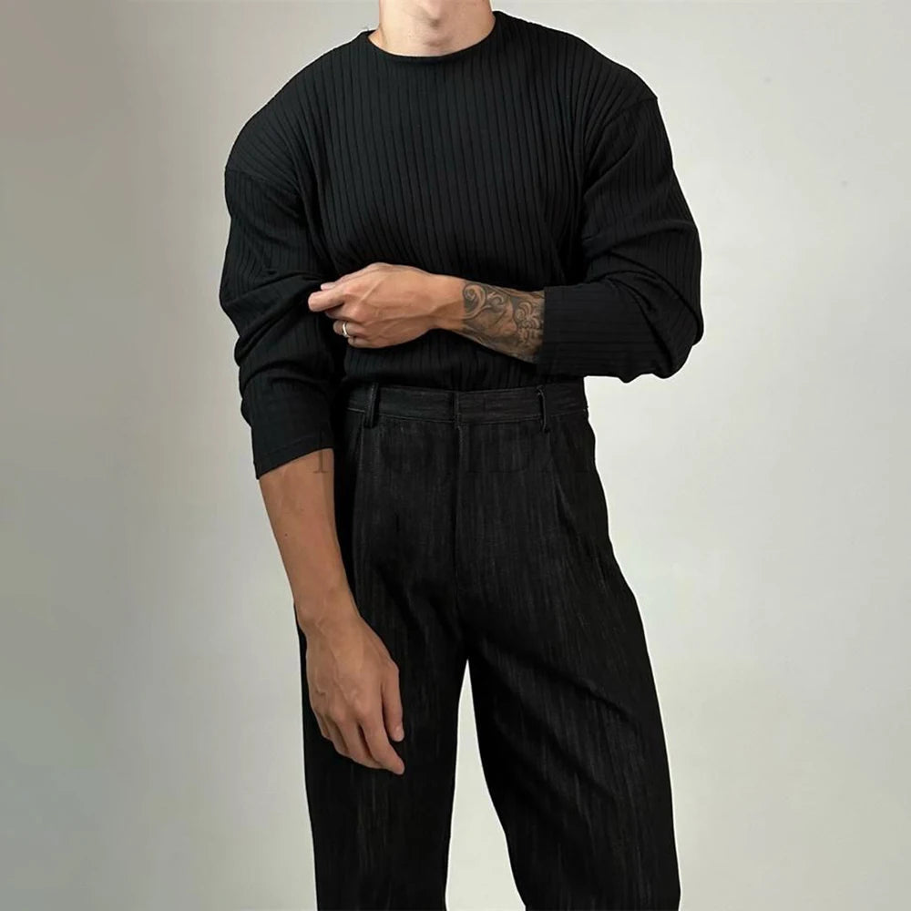 Mens Autumn Concave Convex Striped Off-Shoulder Long-Sleeved Knitted T-Shirt Gender-Neutral Casual Solid Color Loose Top Unisex