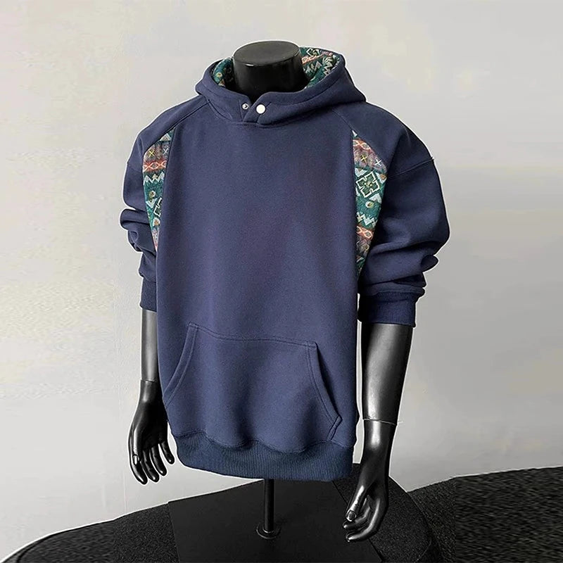 New American Retro Men's Hooded Sweatshirt Casual Harajuku Navy Patchwork Long Sleeve Pullover Autumn High Quality Hoodies M-3XL