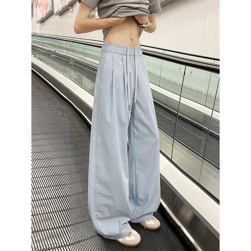 Summer Pink Thin Pants Men Fashion Black Casual Pants Men Streetwear Hip-hop Loose Wide Leg Pants Mens Ice Silk Trousers