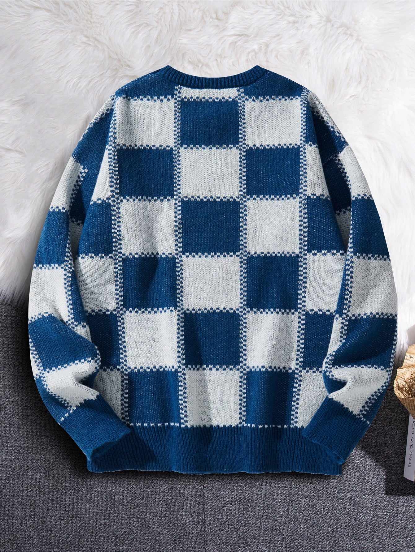 New Popular Autumn Winter Plaid Jacquard Pattern Pullover Sweater Casual Round Neck Contrast Color Knitted Men's Pullover