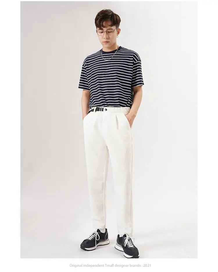 White Stretch Casual Ankle Pants Silhouette Men's Elegant Suit Pants Summer Korean Straight Loose Men's Smart Casual Trousers