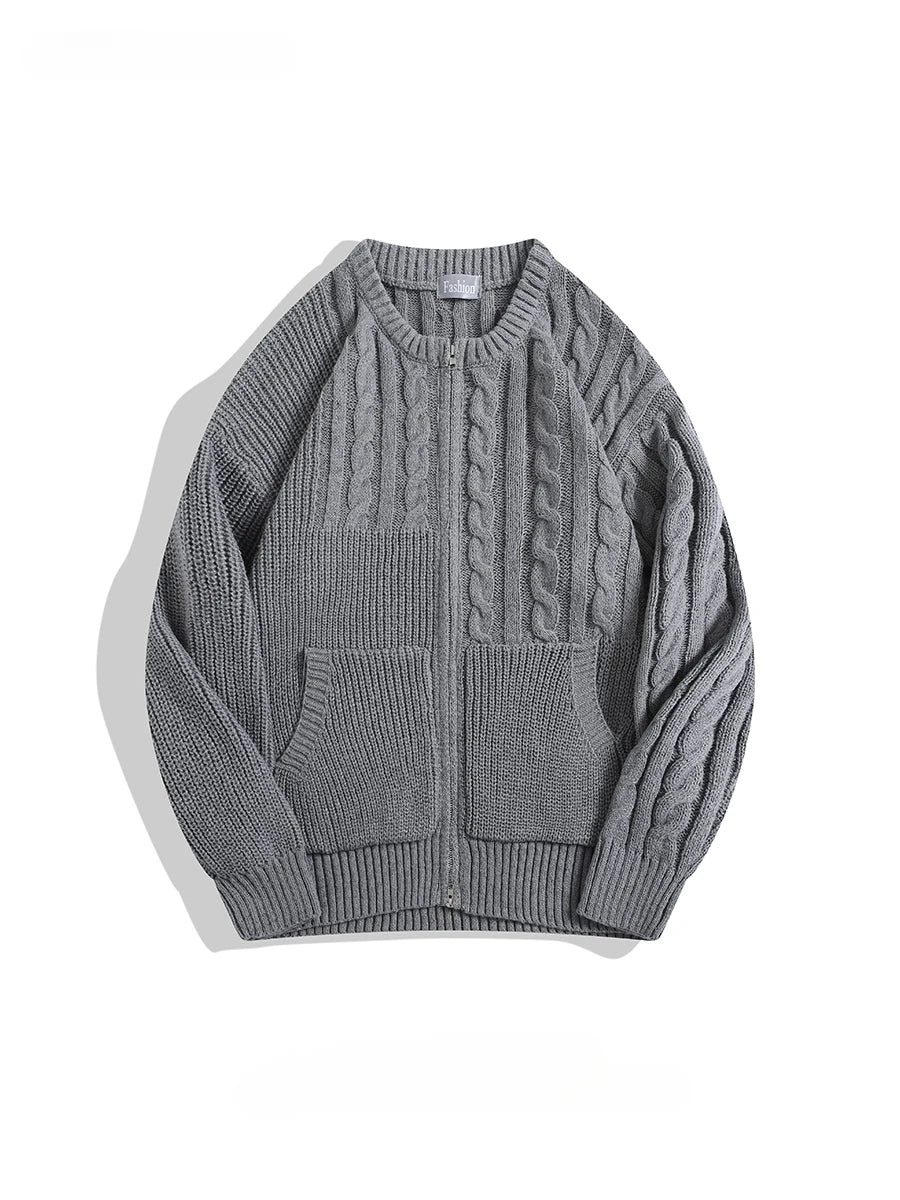 Men and Women Japanese Simple Double Zipper Twist Sweaters Cardigan Autumn Winter O-neck Simple Versatile Casual Knitted Jackets