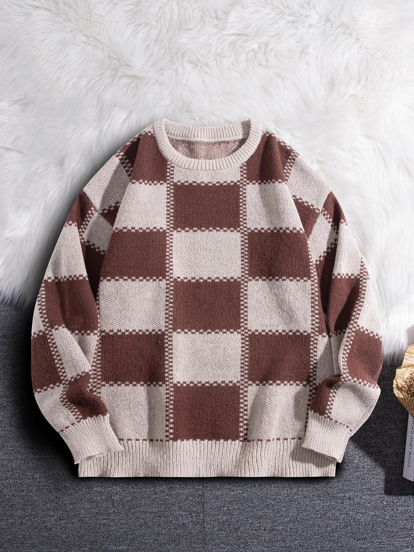 New Popular Autumn Winter Plaid Jacquard Pattern Pullover Sweater Casual Round Neck Contrast Color Knitted Men's Pullover