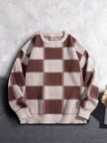 New Popular Autumn Winter Plaid Jacquard Pattern Pullover Sweater Casual Round Neck Contrast Color Knitted Men's Pullover