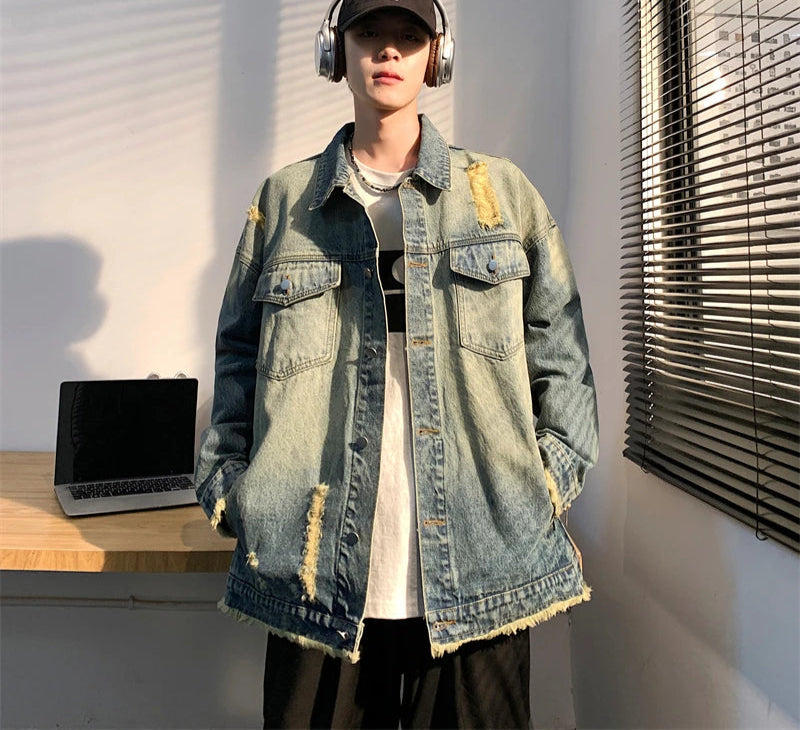 Denim Jackets Men Washed Distressed Raw Edge Hole Autumn Turn-down Collar American Style High Street Retro Baggy Males Overcoats