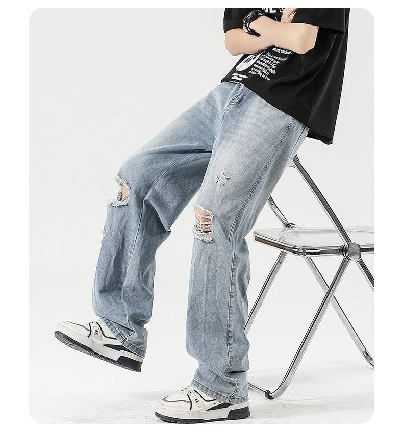 2025 Spring New Men's Ripped Jeans Baggy Straight Classic Light Blue Wide Leg Pants Elastic Waist Vintage Fashion Trousers Male