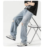 2025 Spring New Men's Ripped Jeans Baggy Straight Classic Light Blue Wide Leg Pants Elastic Waist Vintage Fashion Trousers Male