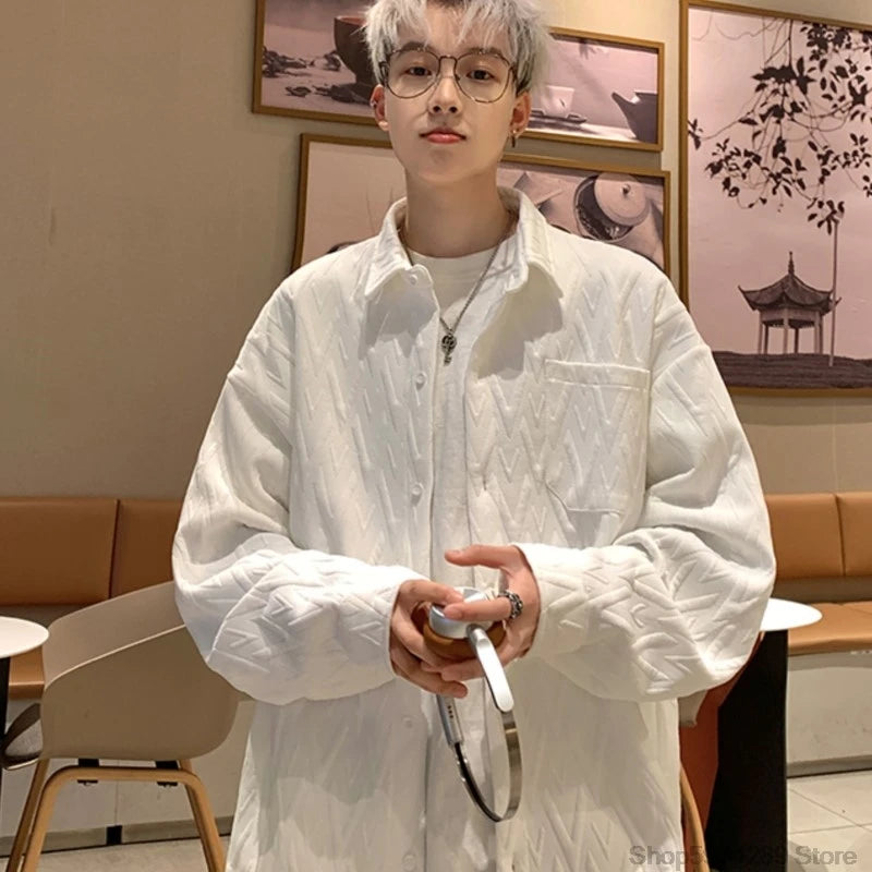 Autumn Winter Geometry Long-sleeved Shirt Men Fashion Social Mens Shirts Korean Loose Casual Blouse Men Oversized 5XL-M
