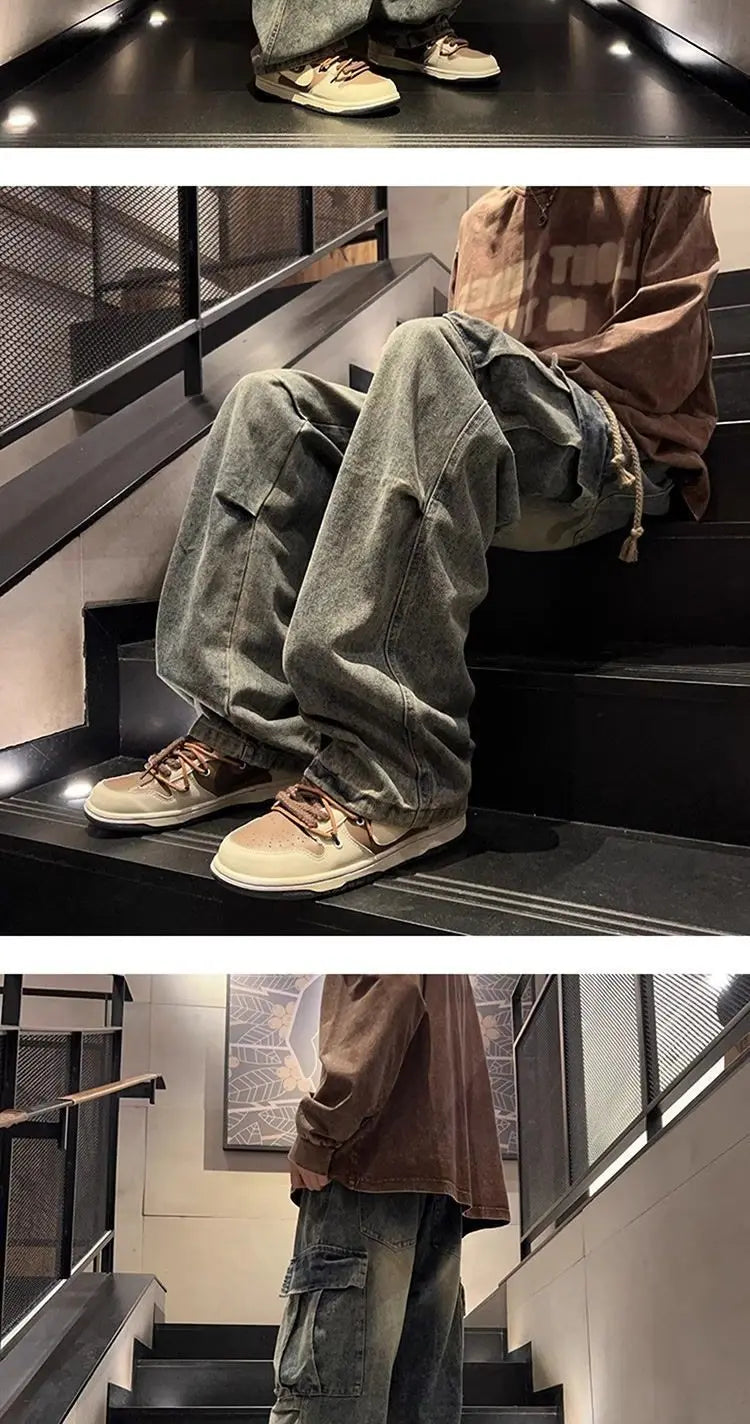 High street hip-hop men and women trendy personality large pocket straight leg washed denim jeans couple retro casual pants y2k