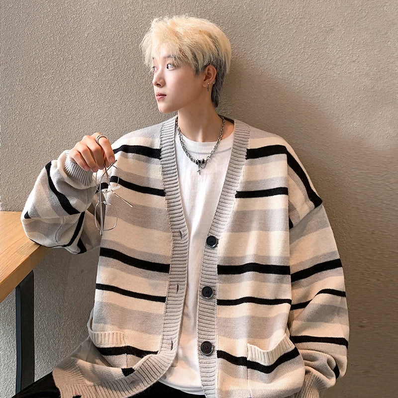 Autumn Striped Cardigan Sweater Men Korean Knitted Sweater Pullover Harajuku Hip Hop Streetwear Loose Knitwear Coat Male Clothes