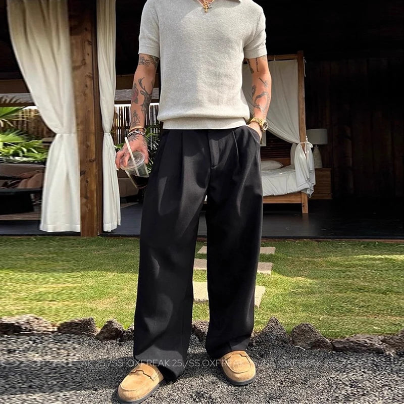 New Retro Fashion Men Suit Pants Light Luxury Draped Baggy Belt Button-down Solid Color Straight Trousers Elegant Dress Pants