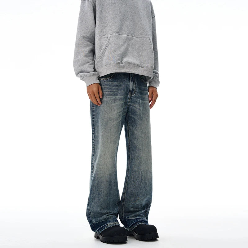Vintage Wash Men's Loose Jeans American Cleanfit High Street Micro Flared Trousers Autumn Fashion Casual Wide-leg Denim Pants
