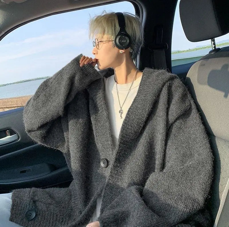 Cardigans Men Loose Korea Style Hooded Warm Autumn Winter Chic Knitted Gray Solid Minimalist Young College All-match Coats Ins