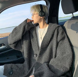 Cardigans Men Loose Korea Style Hooded Warm Autumn Winter Chic Knitted Gray Solid Minimalist Young College All-match Coats Ins