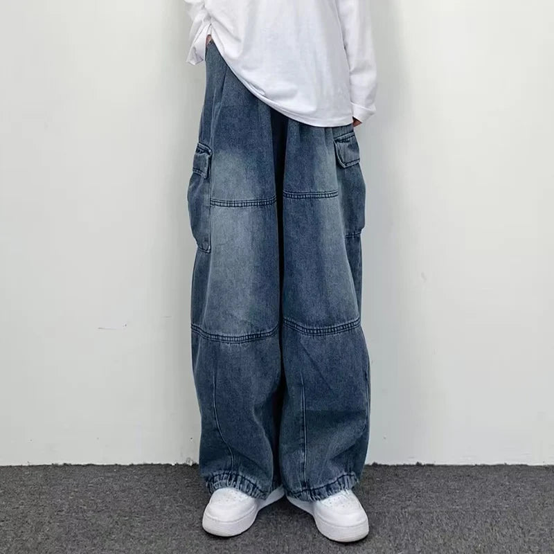 Men New Street Vintage Jeans Male Wide Leg Big Pocket Overalls Y2K Neutral Loose Straight Leg Casual High Street Hip Hop Pants