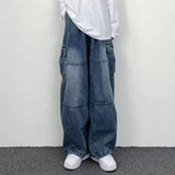 Men New Street Vintage Jeans Male Wide Leg Big Pocket Overalls Y2K Neutral Loose Straight Leg Casual High Street Hip Hop Pants