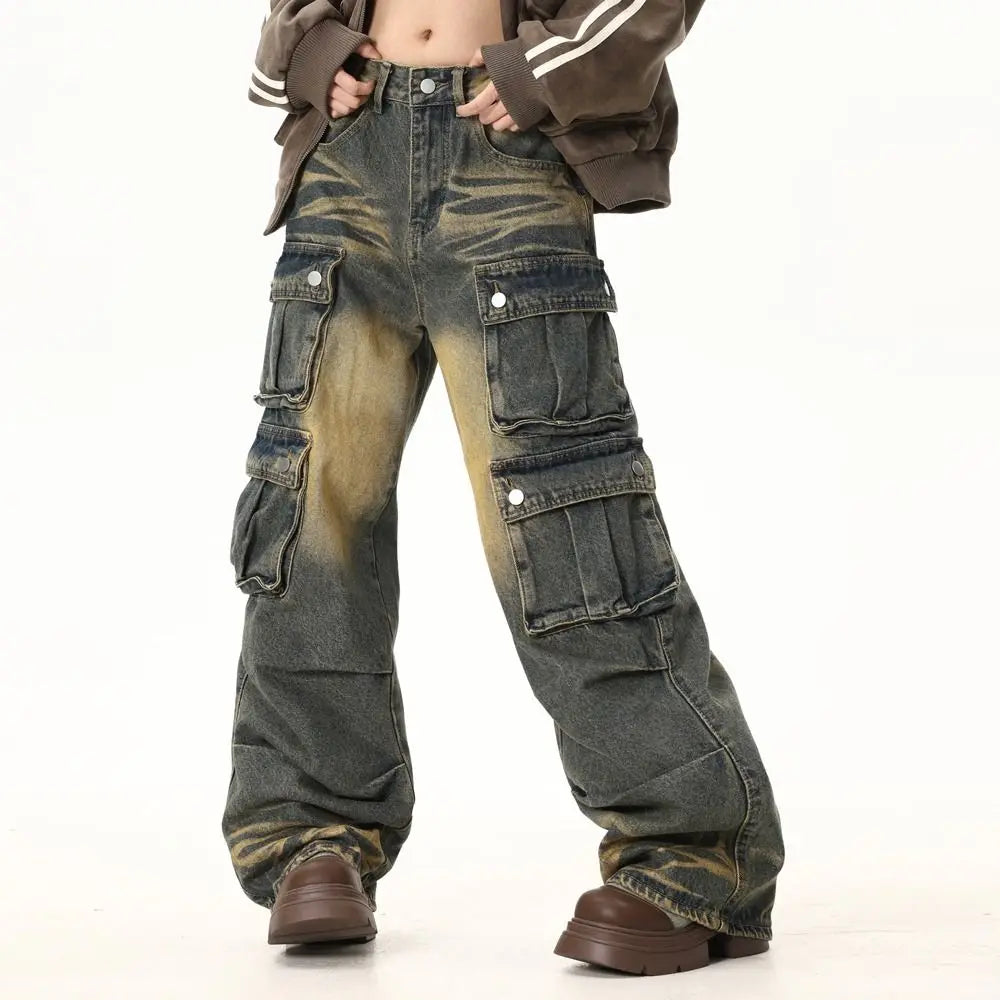 Spring and Autumn Trendy Street Personality Straight Tube Multi Pocket Work Clothes Jeans Couple Loose Retro Casual Pants y2k