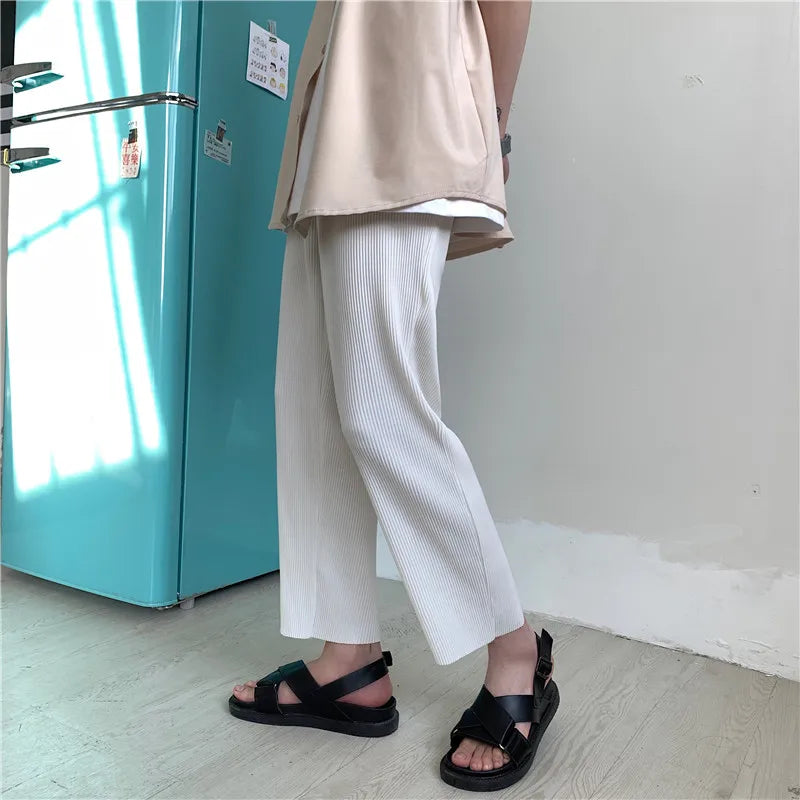 Summer Black Casual Pants Men Straight Pleated Men Japanese Streetwear Loose Ice Silk Pants Mens Wide Leg Pants Mens Trousers