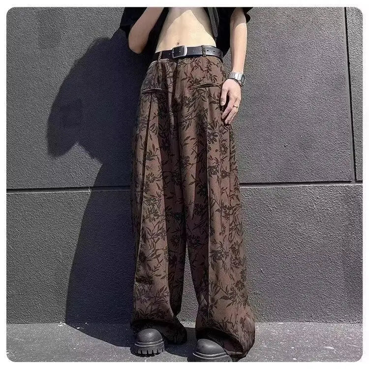 High street hip-hop men and women trendy personalized ink floral straight leg pants for couples loose retro casual pants y2k