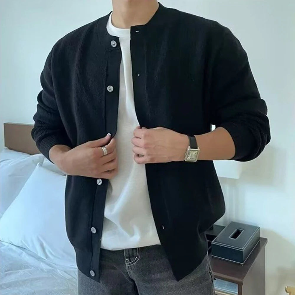 Autumn Winter New Mens Simple Sweater Cardigan American Street Fashion Round Neck Zipper Solid Color Warm Knitted Sweater Jacket