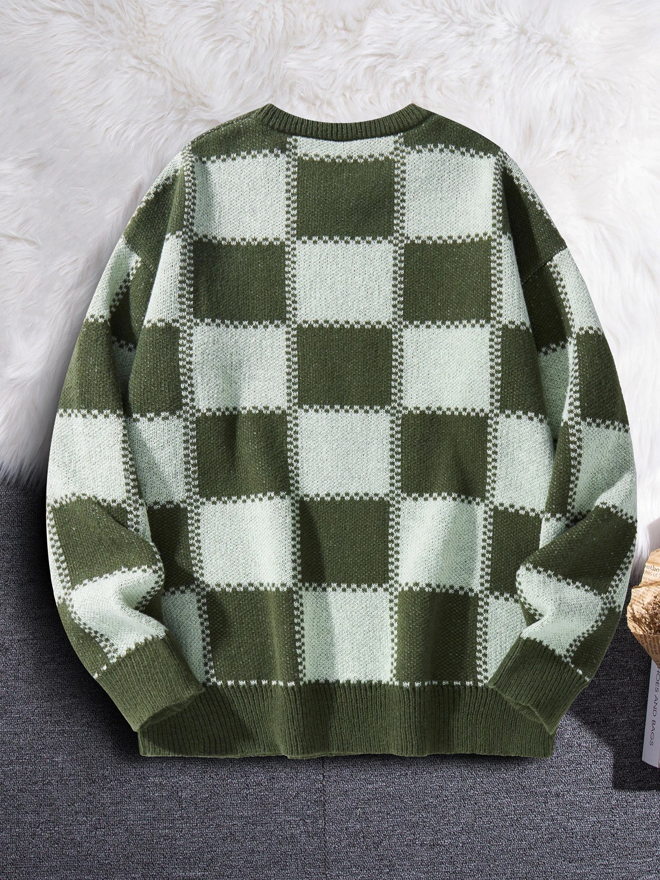 New Popular Autumn Winter Plaid Jacquard Pattern Pullover Sweater Casual Round Neck Contrast Color Knitted Men's Pullover