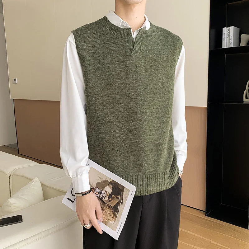 Winter Sweater Vest Men Warm Fashion Slim Fit Sweater Vest Men Korean Casual V-neck Sleeveless Sweater Mens Jumper Clothes