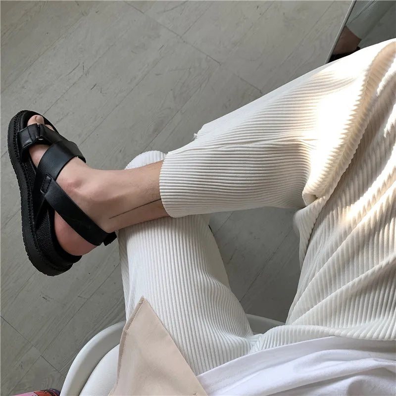 Summer Black Casual Pants Men Straight Pleated Men Japanese Streetwear Loose Ice Silk Pants Mens Wide Leg Pants Mens Trousers