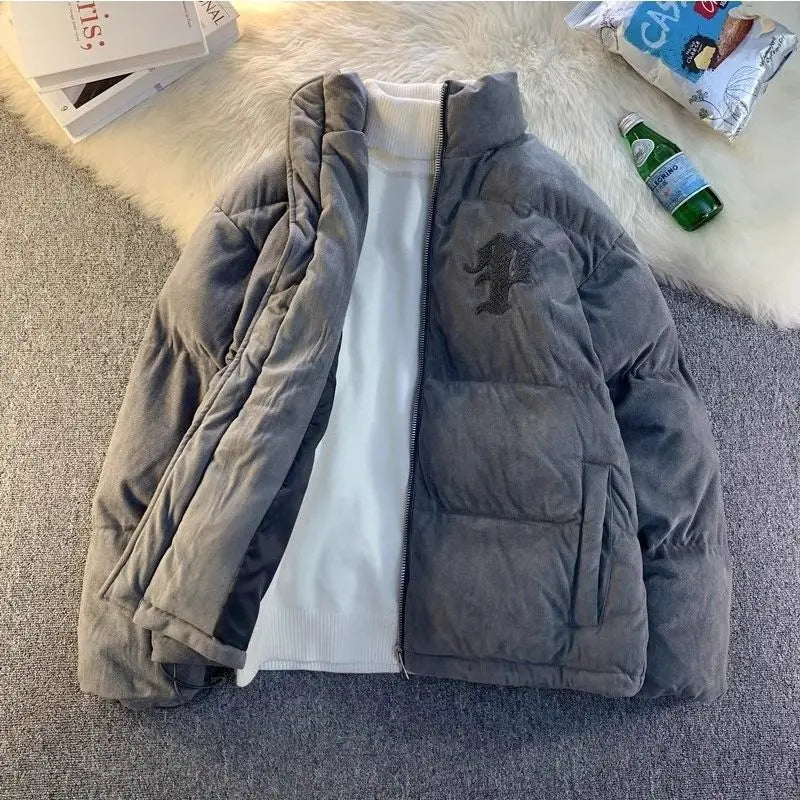 American winter street style men and women trendy personalized stand up collar thick jacket for couples loose casual Harajuku