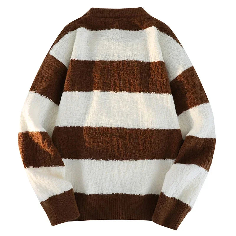 Men's New Black and White Striped Sweater Men's Autumn and Winter Loose Pullover Casual Top Men's Homestay Casual Warmth