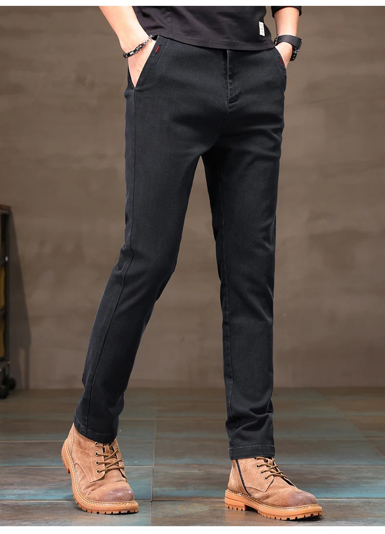 Men's Business Casual Pants Stretch Slim Fit Straight Semi-elastic Waist Trousers Solid Classic Office Work Male Clothing