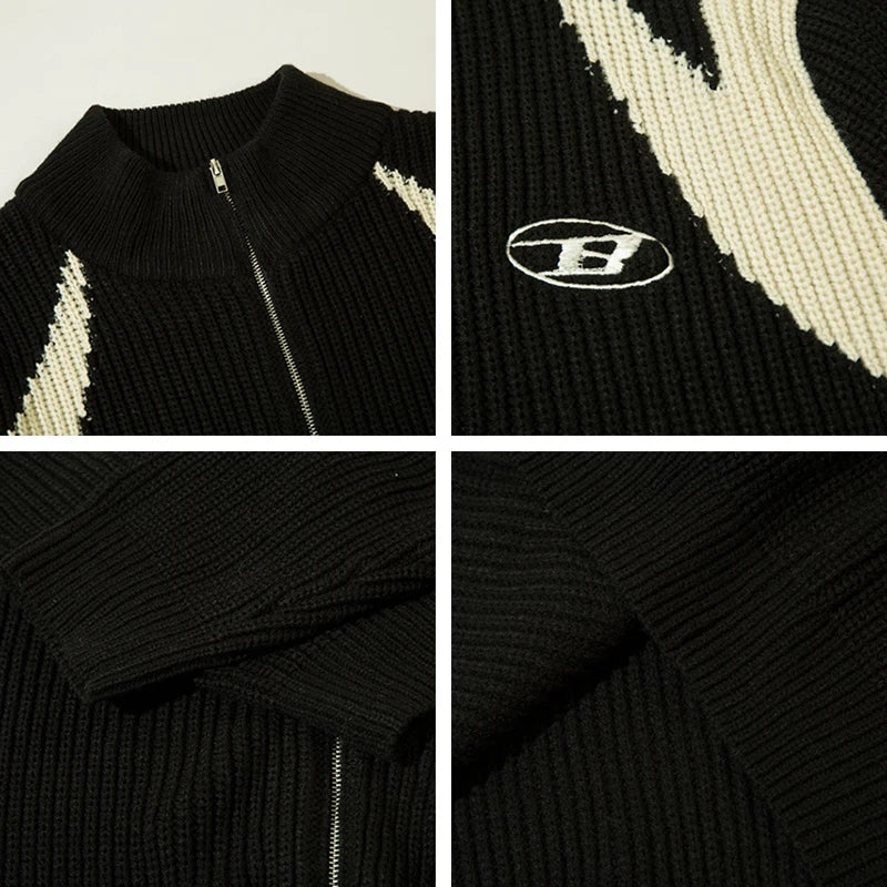 Contrast Paneled Sweater Mens Streetwear Cardigan Knitted Sweater Autumn Winter Loose Casual Letter Embroidery Zipper Outerwear