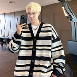 Autumn Striped Cardigan Sweater Men Korean Knitted Sweater Pullover Harajuku Hip Hop Streetwear Loose Knitwear Coat Male Clothes