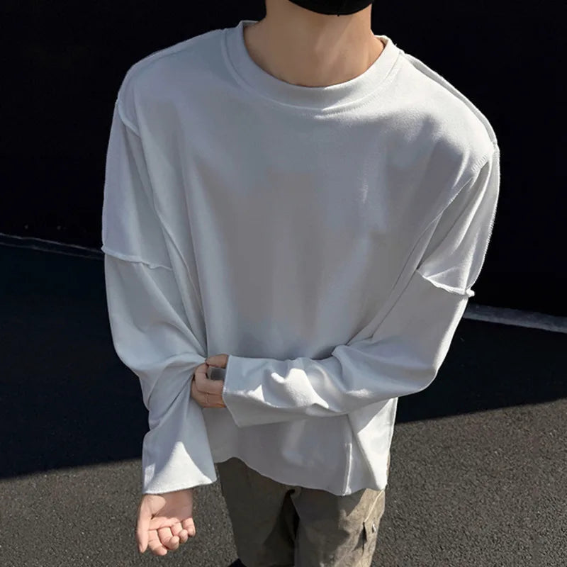 Simple Men's T-shirt Solid Color Long Sleeve Round Collar Niche Design Male Pullover Top Autumn Winter Tees