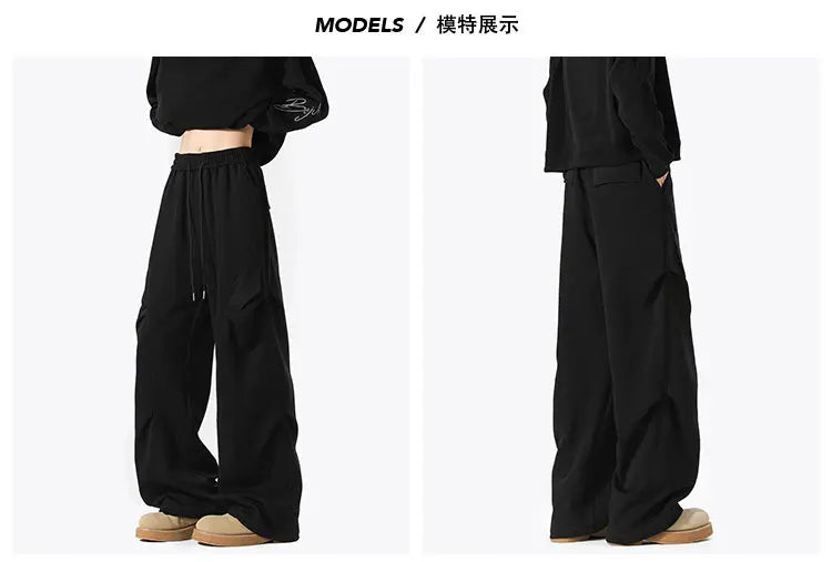 Mens Casual Pants Loose Fit Joggers Patchwork Pleated Trousers Trendy Elastic Waist Outdoor Sports Streetwear Hip Hop Trousers