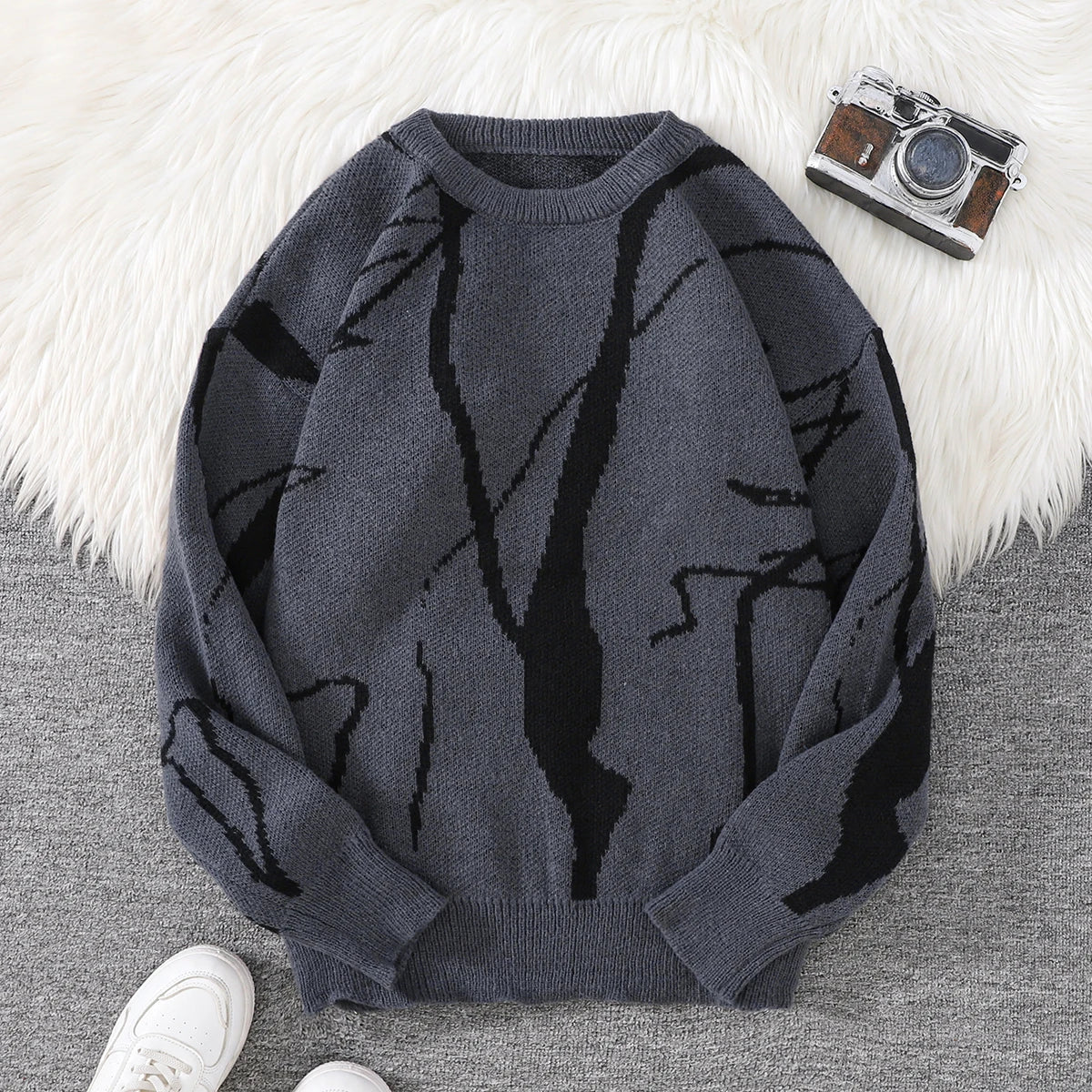 New Popular Autumn and Winter Abstract Crack Graffiti Jacquard Pattern Pullover Sweater Casual Round Neck Knitted Men's Pullover
