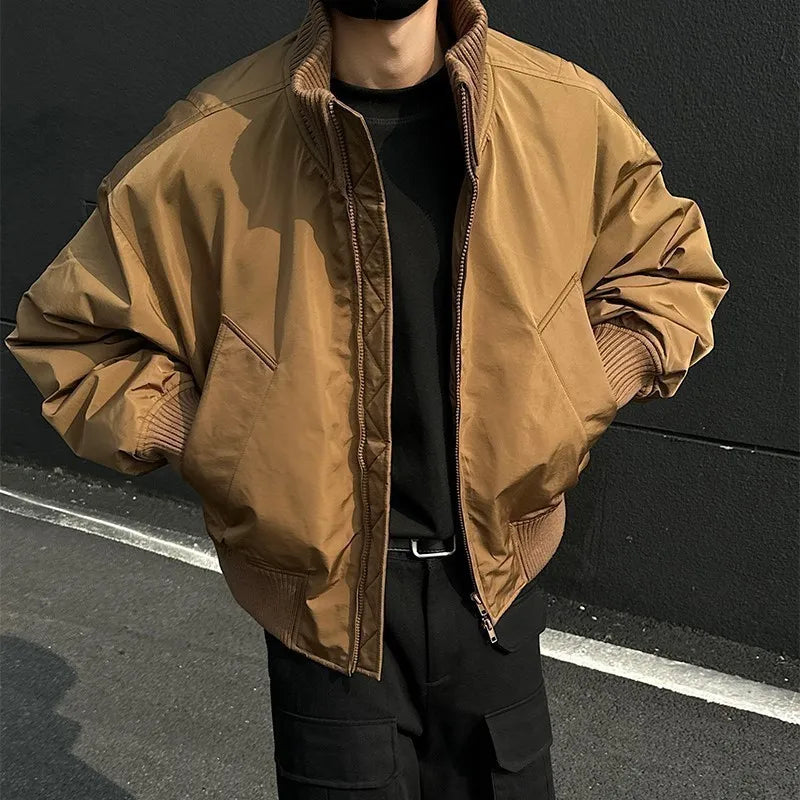 Autumn Winter Cotton Padded Jacket Men Stand Collar Warm Comfortable Thick Bomber Jacket Mens Casual Zip Up Short Jacket